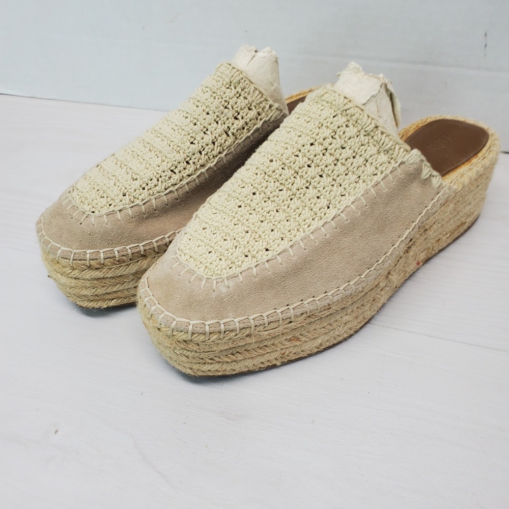 Zara Women Espadrille Wedge Mules Beige Crochet Suede Platform Slip On Shoes 8.5